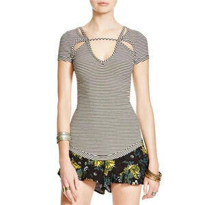 Free People Blue Striped Cream Comb Cut Out Tee XS
